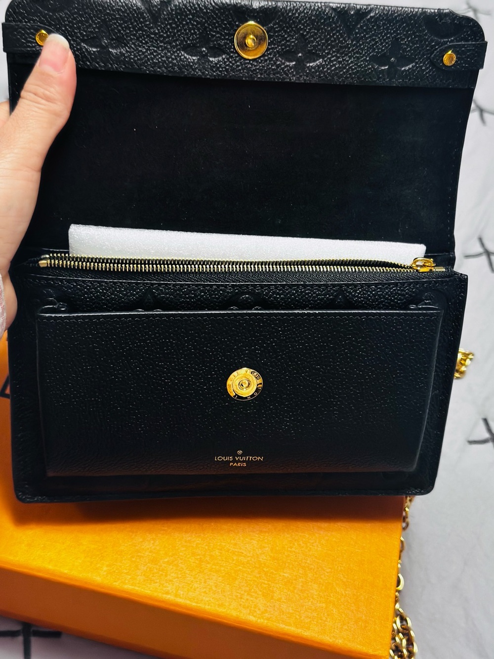 Louis Vuitton Black Leather Mini Chain Wallet with Gold Hardware
